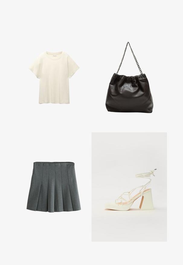 Svetle béžové tričko s krátkým rukávem a kulatým výstřihem, vyrobené z jemné, hladké tkaniny. Má uvolněný střih a rovný lem.; Šedá skládací sukně vyrobená z měkké, strukturované látky. Obsahuje přiléhavý pas a vrstvené sklady pro pohyb.; Bílé sandály na vysokém podpatku s robustním podpatkem, s designem s pásky a zavazováním kolem kotníku. Hladký povrch s platformou vpředu pro zvýšení výšky.; Hnědá kožená taška se sbíraným vrškem a řetízkovým popruhem. Hladký povrch s lesklým finišem a jemným švem na bocích.