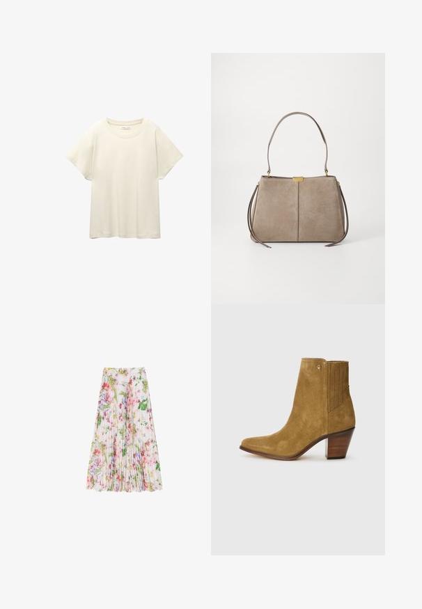 Svetlo bež kratkosleeven majica s okroglim ovratnikom, izdelana iz mehke, gladke tkanine. Ima sproščen kroj in raven rob.; Cvetna plisirana krila iz lahkega materiala, ki vsebuje mešanico roza, zelene in vijolične barve. Segreje pod koleni z nabranim pasom.; Rjave semiš gležnjarji s koničastim nosom, teksturiranim stranskim panelom in plitkim peti. Imajo majhen kovinski logo spredaj.; Tommy Hilfiger CASUAL SHOULDER BAG - Torbica - coastal taupe
