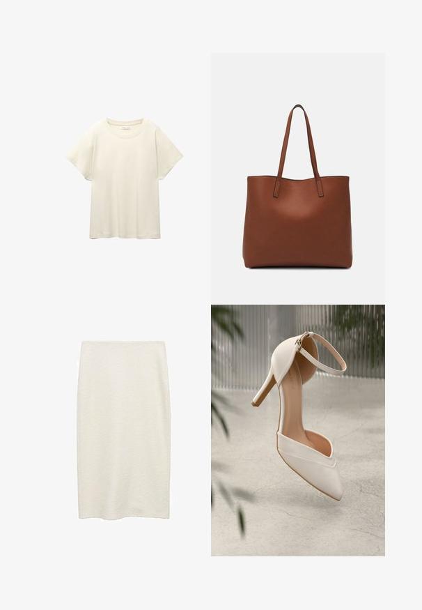 Lys beige kortærmet t-shirt med rund halsudskæring, lavet af blødt, glat stof. Har en afslappet pasform og lige forneden.; Mellemlang, lige hvid nederdel i et tekstureret stof med et subtilt vævemønster. Ingen synlige hardware eller udsmykninger.; Hvid højhælet sko i glat materiale med spids tå og ankelrem. Har et lyst tan interiør og hardware i guldtonet accent.; Brun læder tote taske med en glat overflade, åben topdesign og to skulderremme. Har minimal syning og ingen synlig hardware.