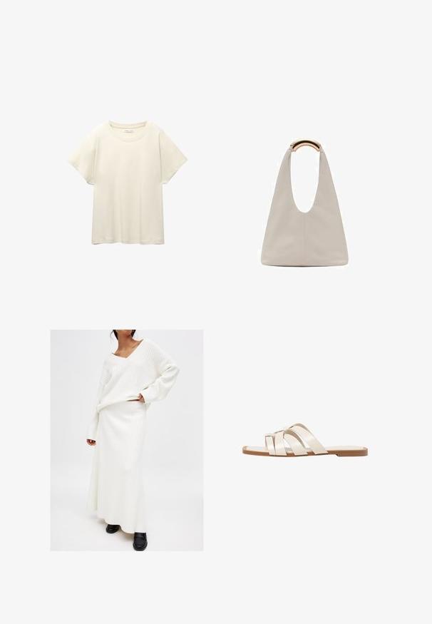 Helles beige T-Shirt mit kurzen Ärmeln und Rundhalsausschnitt, aus weichem, glattem Stoff gefertigt. Verfügt über eine lockere Passform und einen geraden Saum.; Weißer, gerippter Strickpullover mit V-Ausschnitt und langen Ärmeln, kombiniert mit einem passenden langen Rock. Akzentuiert mit einem lässigen Schnitt und strukturiertem Stoff.; Flache Sandalen mit einer honigfarbenen Gummisohle, gestaltet mit drei überlappenden weißen Lederriemen und einem kleinen Schleifendetail in der Mitte.; Hellgraue Lederhandtasche mit einem U-förmigen Design und einem geschwungenen, metallischen Griff. Glatte Textur mit minimalen Nähten und ohne sichtbare Muster.