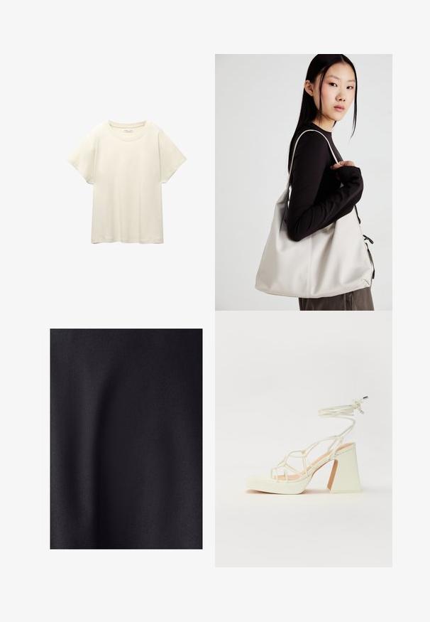 Vaaleanbeige lyhythihainen t-paita, jossa on pyöreä kaula-aukko, valmistettu pehmeästä ja sileästä kankaasta. Ominaisuuksina rento mitta ja suora helma.; Mustaa kangasta, jossa on sileä, matta pinta. Pintassa on hieno kiilto, joka korostaa hienoa kudontaa ilman näkyviä kuvioita tai koristeita.; Valkoinen korkokenkä, jossa on paksu korko, ja joka sisältää nauhakiinnityksen ja nilkkaketjun. Sujuva pinta, jossa on platform-etupohja lisäkorkeutta varten.; Beige laukku, joka on valmistettu pehmeästä materiaalista, ja siinä on rento muotoilu, ommeltu yksityiskohtia ja kaksi olkahihnaa. Sopii päivittäiseen käyttöön.