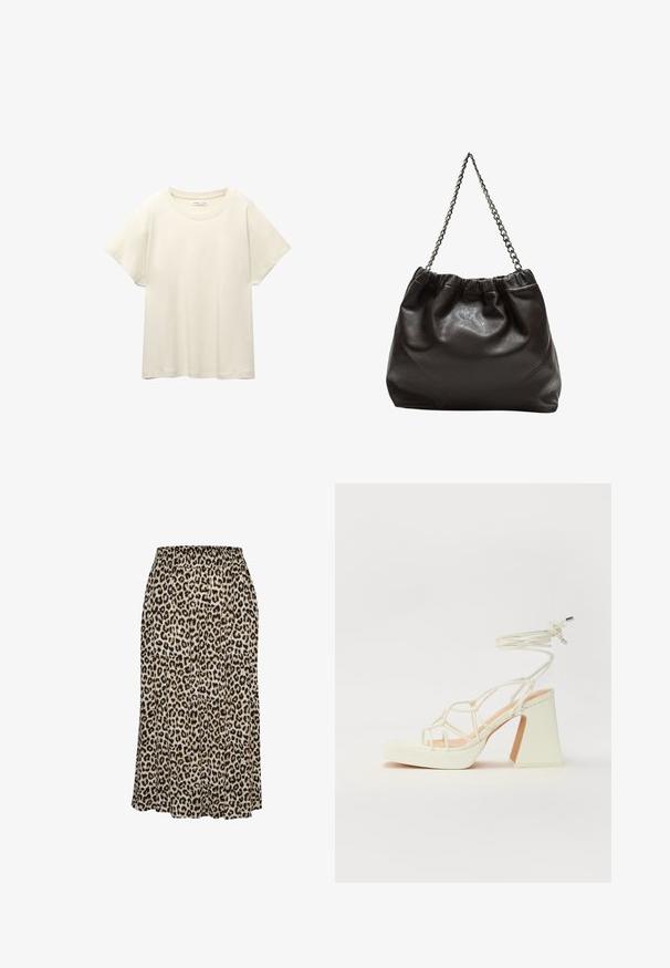 Lys beige kortærmet t-shirt med rund halsudskæring, lavet af blødt, glat stof. Har en afslappet pasform og lige forneden.; Leopardmønstret nederdel lavet af let materiale, med elastisk talje og en svajet silhuet, der strækker sig til midt på læggen.; Hvide højhælede sandaler med en kraftig hæl, der har et stropdesign og ankelbinding. Glat tekstur med en platform foran for ekstra højde.; Brun lædertaske med en rynket top og en kædestrop. Glat tekstur med en blank finish og subtile sømdetaljer på siderne.