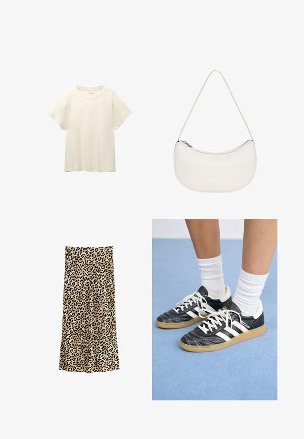 Maglietta a maniche corte beige chiaro con scollatura rotonda, realizzata in un tessuto morbido e liscio. Presenta una vestibilità comoda e un orlo dritto.; Pantaloni a gamba larga con stampa leopardata in un tessuto morbido, caratterizzati da una serie di macchie nere su uno sfondo beige per un design audace.; Sneaker in pelle nera con strisce bianche, punta rotonda, lacci bianchi e suola in gomma. Menzionate del collare imbottito e dettagli del marchio.; PULL&BEAR HALF MOON - Borsa a mano - white