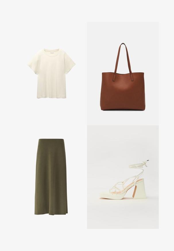 Jasno beżowa, krótko rękawowa koszulka z okrągłym dekoltem, wykonana z miękkiego, gładkiego materiału. Posiada luźny krój i prosty dół.; Spódnica do kolan w oliwkowym kolorze, wykonana z miękkiego materiału, o gładkiej teksturze, subtelnym układzie i lekkim rozcięciu z boku.; Biała sandał na wysokim obcasie z masywnym słupkiem, z paskowym wzorem i wiązaniem przy kostce. Gładka faktura z platformą z przodu dla dodatkowej wysokości.; Brązowa skórzana torba tote o gładkiej fakturze, z otwartym wierzchem i dwoma ramiączkami. Charakteryzuje się minimalnym przeszyciem i brakiem widocznych elementów metalowych.