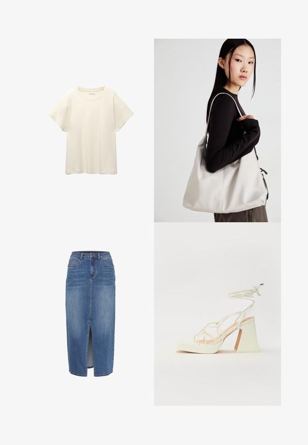 Helles beige T-Shirt mit kurzen Ärmeln und Rundhalsausschnitt, aus weichem, glattem Stoff gefertigt. Verfügt über eine lockere Passform und einen geraden Saum.; Denimrock mit einem vorderen Schlitz, in mittellanger Länge, in einer hellen bis mittleren blauen Waschung. Verfügt über fünf Taschen und einen Bund mit Gürtelschlaufen.; Weiße High-Heel-Sandale mit einem klobigen Absatz, die über ein Riemchendesign und ein Knöchelband verfügt. Glatte Textur mit einer Plattform vorne für zusätzliche Höhe.; Beige Handtasche aus weichem Material, mit einem lässigen Design, gesteppten Details und zwei Schulterriemen. Geeignet für den täglichen Gebrauch.