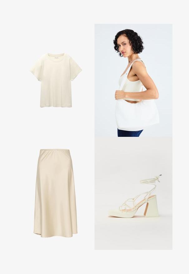Svetle béžové tričko s krátkým rukávem a kulatým výstřihem, vyrobené z jemné, hladké tkaniny. Má uvolněný střih a rovný lem.; Bežová saténová áčková sukně s elastickým pasem, hladkou texturou a splývavým střihem, který se jemně zužuje směrem k lemu.; Bílé sandály na vysokém podpatku s robustním podpatkem, s designem s pásky a zavazováním kolem kotníku. Hladký povrch s platformou vpředu pro zvýšení výšky.; Bílá kabelka přes rameno vyrobená z hladkého materiálu, s oválným výřezem a širokým designem popruhu. Jednoduchá a moderní, bez viditelného hardwaru.