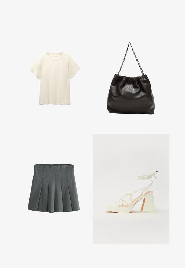 Jasno beżowa, krótko rękawowa koszulka z okrągłym dekoltem, wykonana z miękkiego, gładkiego materiału. Posiada luźny krój i prosty dół.; Szara plisowana spódnica z lekkiego materiału, z dopasowaną talią i strukturami plis, które tworzą rozkloszowaną sylwetkę.; Biała sandał na wysokim obcasie z masywnym słupkiem, z paskowym wzorem i wiązaniem przy kostce. Gładka faktura z platformą z przodu dla dodatkowej wysokości.; Brązowa skórzana torba z marszczonym szczytem i łańcuszkowym paskiem. Gładka tekstura z błyszczącym wykończeniem i subtelnymi detalami szwów po bokach.