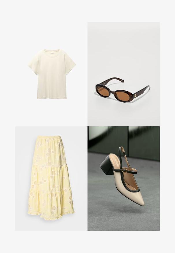 Jasno beżowa, krótko rękawowa koszulka z okrągłym dekoltem, wykonana z miękkiego, gładkiego materiału. Posiada luźny krój i prosty dół.; Żółta, warstwowa spódnica z lekkiego materiału, z kwiatowymi wzorami i okrągłymi wycięciami. Elastyczny pas i koronkowe wykończenie u dołu.; Beżowe buty typu slingback z ostrym noskiem, czarnym wykończeniem, złotą klamrą i grubym obcasem na szarym podłożu z ciemnozielonym tłem.; Brązowe okulary przeciwsłoneczne w kształcie muszki z owalnymi soczewkami, z cienką oprawką i małym metalowym akcentem z boku. Teksturowane i wypolerowane wykończenie.; Biała syntetyczna torba o trójkątnym kształcie, płaskim przednim klapce i detalach w postaci kokardy, regulowanym pasku, gładkiej fakturze oraz minimalistycznym designie.