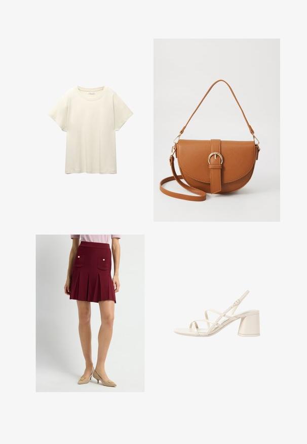 Helles beige T-Shirt mit kurzen Ärmeln und Rundhalsausschnitt, aus weichem, glattem Stoff gefertigt. Verfügt über eine lockere Passform und einen geraden Saum.; Roter, gefalteter Minirock mit hohem Bund, ausgestattet mit zwei vorderen Taschen, die mit goldenen Knöpfen verziert sind. Dazu passende beigefarbene, spitze Absatzschuhe.; Beige High Heels Sandalen mit schlanken, überkreuzten Riemen, offener Zehenpartie und einem quadratischen Blockabsatz. Glänzende Lack-Oberfläche, verstellbarer Knöchelriemen.; Braune Leder-Crossbody-Tasche mit geschwungener Form, goldfarbenen Beschlägen und einer Schnallenakzentuierung. Verfügt über einen abnehmbaren Schultergurt.