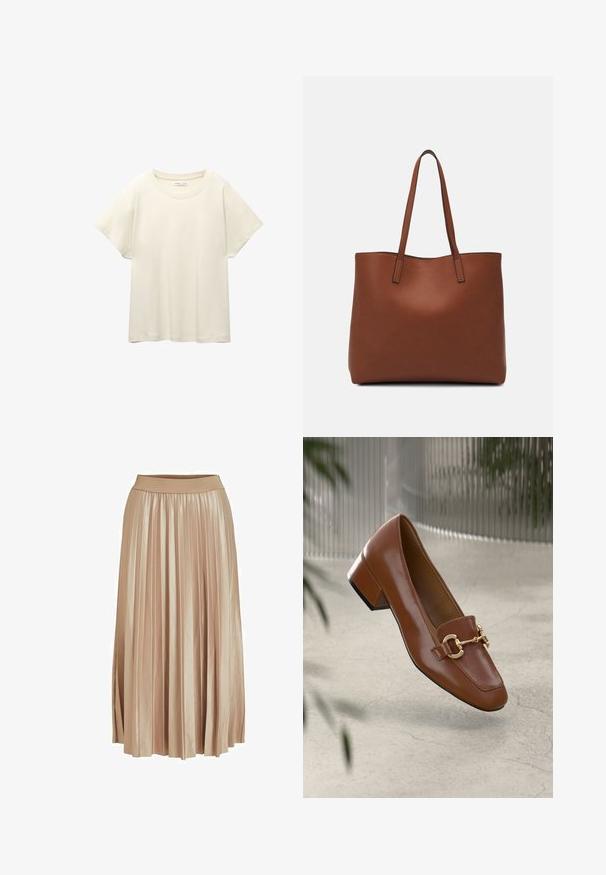 Maglietta a maniche corte beige chiaro con scollatura rotonda, realizzata in un tessuto morbido e liscio. Presenta una vestibilità comoda e un orlo dritto.; Gonna midi plissè in satin di un beige chiaro. Presenta una cintura elastica ampia e eleganti pieghe verticali lungo tutta la lunghezza.; Mocassino in pelle verniciata marrone con punta quadrata, accentato da catena metallica e tacco basso; texture liscia, design minimalista.; Borsa tote in pelle marrone con texture liscia, design con apertura superiore e due spallacci. Presenta cuciture minime e nessun hardware visibile.