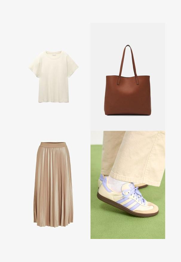 Helles beige T-Shirt mit kurzen Ärmeln und Rundhalsausschnitt, aus weichem, glattem Stoff gefertigt. Verfügt über eine lockere Passform und einen geraden Saum.; Faltender Midirock aus leicht beigem Satin. Verfügt über einen breiten, elastischen Bund und elegante vertikale Falten über die gesamte Länge.; Cremefarbene und lavendelfarbene Sneakers mit drei Streifen und einer strukturierten braunen Sohle, ausgestattet mit Schnürsenkeln und einer gepolsterten Ferse. Obermaterial aus weichem Stoff.; Braune Leder-Tote mit glatter Textur, offenem Oberteil und zwei Schulterriemen. Verfügt über minimale Nähte und keine sichtbaren Beschläge.