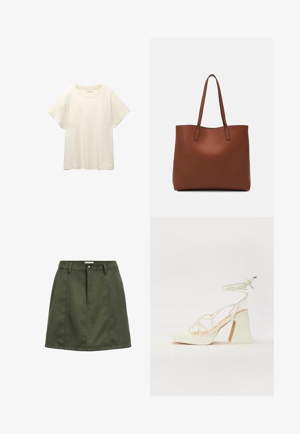 T-shirt beige clair à manches courtes avec un col rond, fabriqué en tissu doux et lisse. Présente une coupe décontractée et un ourlet droit.; Mini-jupe en daim vert foncé avec des passants de ceinture, un bouton avant et des détails de couture.; Sandale blanche à talons hauts avec un talon épais, présentant un design à lanières et un lien autour de la cheville. Texture lisse avec une plateforme à l'avant pour une hauteur supplémentaire.; Sac fourre-tout en cuir marron avec une texture lisse, design à ouverture supérieure et deux poignées pour le porter à l'épaule. Présente des coutures minimales et aucun matériel visible.