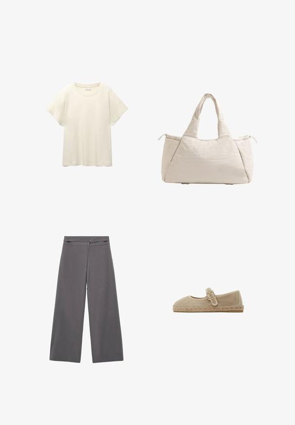 Maglietta a maniche corte beige chiaro con scollatura rotonda, realizzata in un tessuto morbido e liscio. Presenta una vestibilità comoda e un orlo dritto.; Pantaloni a gamba larga in tessuto grigio scuro con una texture liscia, dotati di vita con cintura e un design minimalista.; Scarpa espadrilles beige con tomaia in suede morbido, punta rotonda, fibbia decorativa e dettagli in juta intrecciata sul bordo. Suola piatta.; Borsa a tote beige trapuntata con due manici, forma arrotondata, tessuto testurizzato e tasca laterale con coulisse. Finitura liscia, design minimale.