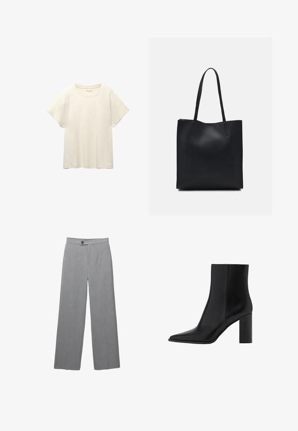 Svijetlo bež majica kratkih rukava s okruglim izrezom, izrađena od meke, glatke tkanine. Karakterizira je opušteni kroj i ravni rub.; Sive krojene hlače širokih nogavica, ravne prednje strane i suptilne teksture. Imaju jedan gumb za zatvaranje i čiste linije.; Crne kožne čizme do gležnja s izduženim nožnim prstom, kvadratnim potplatom, glatkom teksturom i detaljima šavova duž šavova. Potpetice su visoke približno 8,9 centimetara.; Crna kožna torba za nošenje s glatkom teksturom, pravokutnim oblikom i dvije duge ručke. Nema vidljivih metalnih dijelova ili ukrasa.