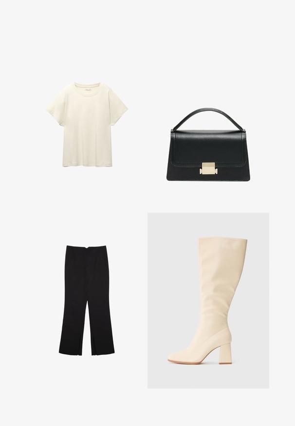 Vaaleanbeige lyhythihainen t-paita, jossa on pyöreä kaula-aukko, valmistettu pehmeästä ja sileästä kankaasta. Ominaisuuksina rento mitta ja suora helma.; Mustat housut suoralinjaisella leikkauksella, joissa on etutaskut ja sivurei'ät helman alla. Valmistettu pehmeästä ja sileästä kankaasta. Sopii eri tilaisuuksiin.; Kreemivärvi kuni põlveni ulatuv saabas, millel on ploki konts ja sile viimistlus, kujutatud külgprofilis lihtsal taustal.; Musta nahkakäsilaukku, jossa on jämäkkä muotoilu, yläkahva ja kultainen metallisolki edessä. Sujuva pinta, minimaalinen ompelu.