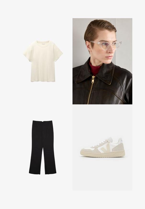 Svetle béžové tričko s krátkým rukávem a kulatým výstřihem, vyrobené z jemné, hladké tkaniny. Má uvolněný střih a rovný lem.; Černé kalhoty s rovným střihem, s předními kapsami a bočními rozparky na lemu. Vyrobené z jemné, hladké tkaniny. Vhodné na různé příležitosti.; Bílé a béžové tenisky s textilním svrškem, semišovými akcenty a silnou gumovou podrážkou; mají výrazné logo V na boku.; Průhledné acetátové brýle ve tvaru kočičích očí se žlutě zbarvenými skly, které nosí osoba v tmavé kožené bundě a červeném roláku. Hladký povrch.