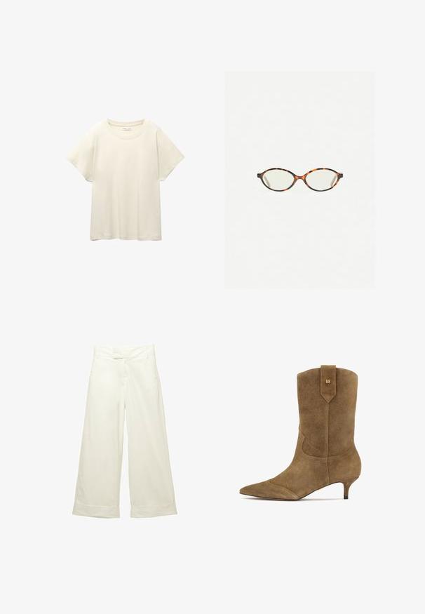 Svetlo bež kratkosleeven majica s okroglim ovratnikom, izdelana iz mehke, gladke tkanine. Ima sproščen kroj in raven rob.; Široke hlače iz mehkega, kremnega materiala. Imajo ravno sprednje pasove in zvite robove. Gladka tekstura s čistim, minimalističnim dizajnom.; Rjava zamšasta gležnjarja s koničastim nosom in nizkim čevljem. Vključuje dekorativno šivanje in zanko na hrbtni strani za enostavno obuvanje.; Kornjačaste očala z ovalnimi lečami in gladko, sijočo površino. Imajo tanke stranice z rahlim ovinkom na templjih. Prosojne leče.; Rjava usnjena torba z gladko teksturo, odprto zasnovo zgoraj in dvema naramnima trakovoma. Opremljena je z minimalnim šivanjem in brez vidnih kovinskih delov.