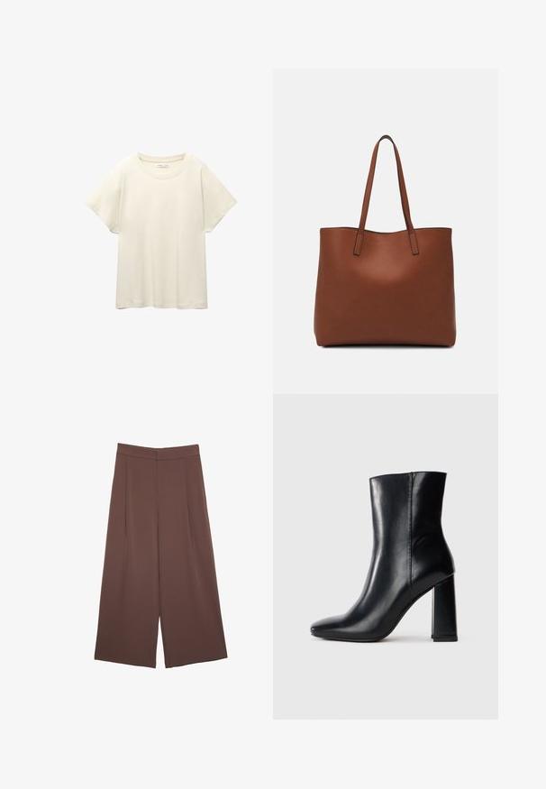 Svetle béžové tričko s krátkým rukávem a kulatým výstřihem, vyrobené z jemné, hladké tkaniny. Má uvolněný střih a rovný lem.; Hnědé široké kalhoty s hladkou texturou, vysokým pasem a předními záhyby. Materiál je lehký a volně splývá.; Černé kožené kotníkové boty do poloviny lýtek s špičatou špičkou a silným vysokým podpatkem, zobrazené z boku na čistém bílém pozadí.; Hnědá kožená taška přes rameno s hladkou texturou, otevřeným designem a dvěma ramenními popruhy. Obsahuje minimální švy a žádné viditelné kovové prvky.