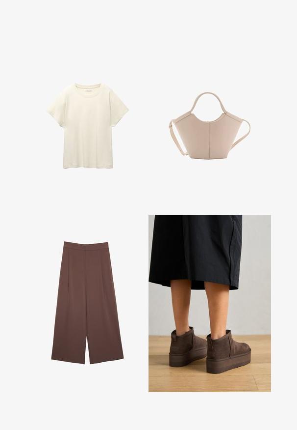 T-shirt beige clair à manches courtes avec un col rond, fabriqué en tissu doux et lisse. Présente une coupe décontractée et un ourlet droit.; Pantalons larges marron avec une texture lisse, dotés d'une taille haute et de plis à l'avant. Le tissu est léger et tombe de manière fluide.; UGG CLASSIC ULTRA MINI PLATFORM - Boots à talons - burnt cedar; Sac à main en cuir beige avec une forme unique, doté de deux poignées courtes et d'une longue sangle réglable. Texture lisse avec un minimum de matériel.