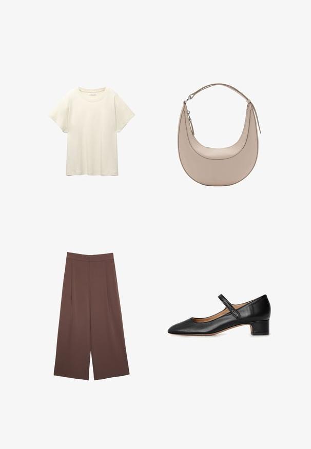Svetle béžové tričko s krátkým rukávem a kulatým výstřihem, vyrobené z jemné, hladké tkaniny. Má uvolněný střih a rovný lem.; Hnědé široké kalhoty s hladkou texturou, vysokým pasem a předními záhyby. Materiál je lehký a volně splývá.; Černá kožená Mary Jane bota s kulatou špičkou, nízkým blokovým podpatkem a centrálním páskem. Hladký povrch s minimálními akcenty.; Světle béžová kožená kabelka přes rameno s půlměsíčovým tvarem, hladkým povrchem a jedním zakřiveným uchopem. Obsahuje zipový uzávěr a upravené švy.