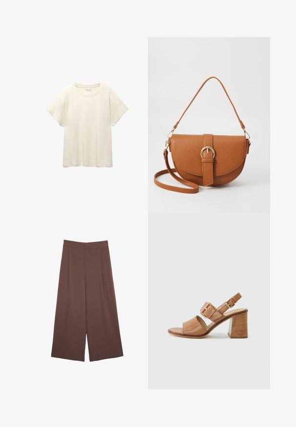 Lys beige kortærmet t-shirt med rund halsudskæring, lavet af blødt, glat stof. Har en afslappet pasform og lige forneden.; Brune bredbunde bukser med en glat tekstur, der har høj talje og plisseringer foran. Stoffet er let og falder løst.; Brune læderhælesandaler med en bred frontrem, justerbar ankelrem med en guldbuckle og en tekstureret blokheel.; Brun læder crossbody taske med en buet form, guldfarvet hardware og en spændeaccent. Har en aftagelig skulderrem.