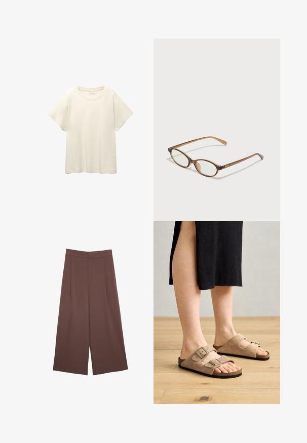 Jasno beżowa, krótko rękawowa koszulka z okrągłym dekoltem, wykonana z miękkiego, gładkiego materiału. Posiada luźny krój i prosty dół.; Brązowe spodnie o szerokich nogawkach z gładką fakturą, z wysokim stanem i plisami z przodu. Materiał jest lekki i luźno opada.; Beżowe zamszowe sandały z dwiema regulowanymi paseczkami, korkową wkładką i gumową podeszwą, prezentowane na stopach na tle drewnianej podłogi.; Brązowe okulary w motyle z owalnymi soczewkami, cienkimi ramionami i przezroczystymi akcentami. Posiadają subtelne logo na zauszniku. Smukły, lekki design.; Brązowa skórzana torba z marszczonym szczytem i łańcuszkowym paskiem. Gładka tekstura z błyszczącym wykończeniem i subtelnymi detalami szwów po bokach.