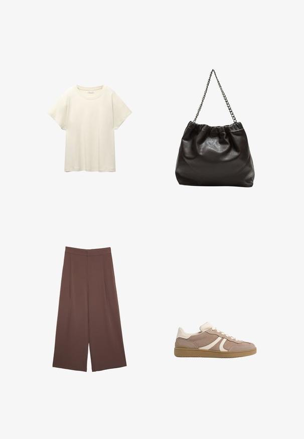 Maglietta a maniche corte beige chiaro con scollatura rotonda, realizzata in un tessuto morbido e liscio. Presenta una vestibilità comoda e un orlo dritto.; Pantaloni ampi marroni con una texture liscia, caratterizzati da una vita alta e pieghe frontali. Il tessuto è leggero e scorre liberamente.; Sneaker con tomaia in suede beige con accenti crema, punta rotonda, chiusura con lacci e suola in gomma testurizzata per una migliore aderenza.; Borsa in pelle marrone con parte superiore arricciata e tracolla a catena. Texture liscia con finitura lucida e dettagli di cucitura sottili sui lati.