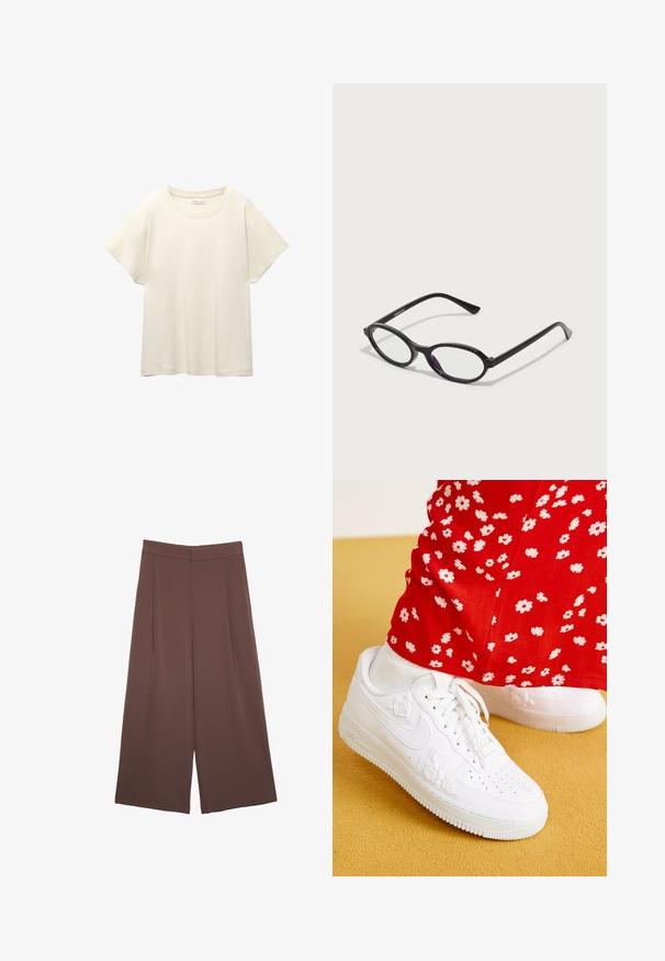 Svetle béžové tričko s krátkým rukávem a kulatým výstřihem, vyrobené z jemné, hladké tkaniny. Má uvolněný střih a rovný lem.; Hnědé široké kalhoty s hladkou texturou, vysokým pasem a předními záhyby. Materiál je lehký a volně splývá.; Bílé kožené tenisky s květinovým embosovaným vzorem, kulatou špičkou a texturovanou gumovou podrážkou. Působící v kombinaci s červenými kalhotami s bílým květinovým potiskem.; Černé brýle oválného tvaru s průhlednými purpurovými akcenty na čočkách. Rám má matný povrch a štíhlé, rovné nožičky.