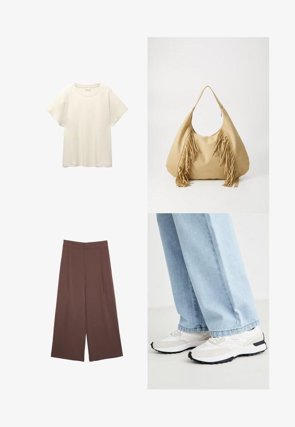 Svetle béžové tričko s krátkým rukávem a kulatým výstřihem, vyrobené z jemné, hladké tkaniny. Má uvolněný střih a rovný lem.; Hnědé široké kalhoty s hladkou texturou, vysokým pasem a předními záhyby. Materiál je lehký a volně splývá.; Sportovní tenisky s bílou síťovinou, šedými semišovými akcenty, černou gumovou podrážkou a texturovanými designovými prvky na boku.; Hnědá velurová kabelka přes rameno s velkým otvorem a dlouhými třásněmi po obou stranách, s hladkým povrchem a jedním držadlem.