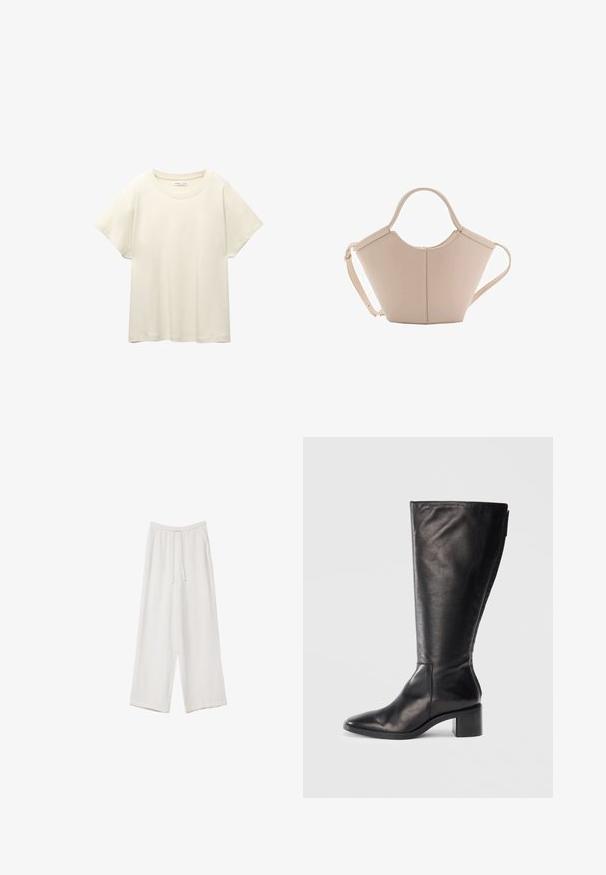 Svetlo bež kratkosleeven majica s okroglim ovratnikom, izdelana iz mehke, gladke tkanine. Ima sproščen kroj in raven rob.; Bele široke hlače iz lahkega materiala. Imajo elastičen pas s vrvico in stranske žepe. Gladka tekstura.; Črne usnjene čizme do kolen s kvadratnim nosom, blokastim peto in elegantnim dizajnom. Gladka tekstura s stranskim zadrgo za enostavno obuvanje.; Bežna usnjena torbica edinstvene oblike, z dvema kratkima ročajema in dolgim nastavljivim trakom. Gladka tekstura z minimalno kovinsko opremo.