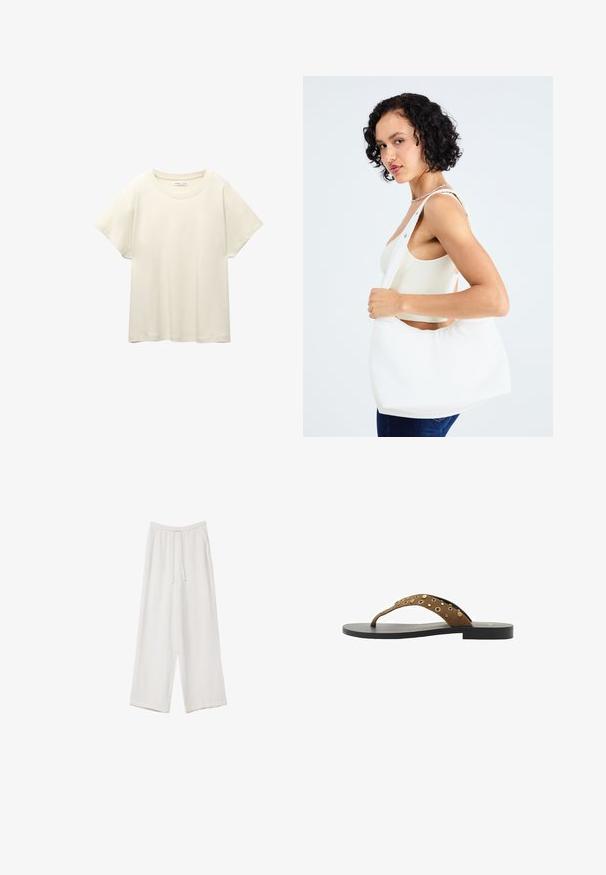 Jasno beżowa, krótko rękawowa koszulka z okrągłym dekoltem, wykonana z miękkiego, gładkiego materiału. Posiada luźny krój i prosty dół.; Białe spodnie o szerokich nogawkach wykonane z lekkiego materiału. Posiadają elastyczny pas z sznurkiem i boczne kieszenie. Gładka tekstura.; Brązowe zamszowe klapki z pojedynczym paskiem ozdobionym złotymi ćwiekami, czarną podeszwą, płaskim designem i prostą, minimalistyczną formą.; Biała torba na ramię wykonana z gładkiego materiału, z owalnym wycięciem i szerokim paskiem. Prosta i nowoczesna, bez widocznych elementów ozdobnych.