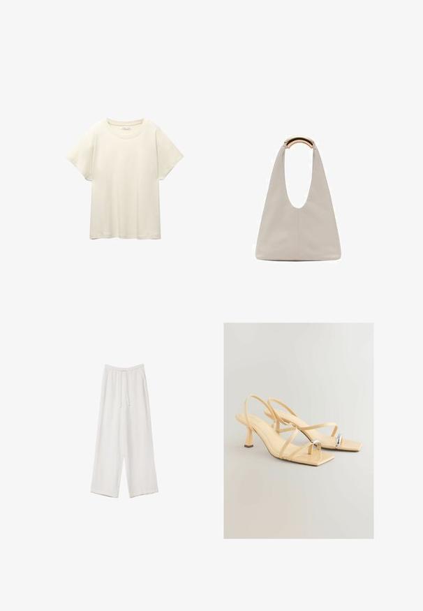T-shirt beige clair à manches courtes avec un col rond, fabriqué en tissu doux et lisse. Présente une coupe décontractée et un ourlet droit.; Pantalons larges blancs en tissu léger. Dotés d'une taille élastique avec cordon de serrage et de poches latérales. Texture lisse.; Sandales à talons beiges avec un bout carré, des fines lanières et un accent métallique sur le bout. Talon bloc haut pour plus de stabilité.; Sac en cuir gris clair avec un design en forme de U et une poignée métallique courbée. Texture lisse avec un minimum de coutures et sans motifs visibles.