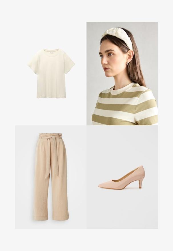 Jasno beżowa, krótko rękawowa koszulka z okrągłym dekoltem, wykonana z miękkiego, gładkiego materiału. Posiada luźny krój i prosty dół.; Beżowe spodnie typu wide-leg z paskiem w talii, wykonane z teksturowanej tkaniny. Posiadają fałdę z przodu oraz gładkie wykończenie u dołu.; Różowa, lakierowana szpilka z wydłużonym noskiem i niskim obcasem, charakteryzująca się gładkim, połyskującym wykończeniem oraz subtelnym, otwartym, V-kształtnym cięciem z przodu.; Kremowa poduszka na głowę zziębniętym wzorem, zestawiona z beżową i białą koszulą w paski, z okrągłym dekoltem. Subtelne akcenty biżuteryjne.