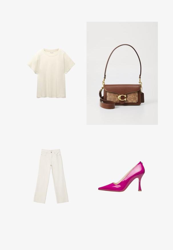 Svetle béžové tričko s krátkým rukávem a kulatým výstřihem, vyrobené z jemné, hladké tkaniny. Má uvolněný střih a rovný lem.; Bílé široké džíny vyrobené z denimové látky, s vysokým pasem, předními kapsami a knoflíkovým zapínáním. Čistý design s minimálními akcenty.; Růžová lakovaná kožená vysoká bota s špičatou špičkou a úzkým jehlovým podpatkem. Hladký povrch s lesklým povrchem.; Hnědá kožená kabelka se zlatým zapínáním, která má vzorovanou béžovou panel. Obsahuje odnímatelný ramenní popruh a embosovaný štítek s logem.