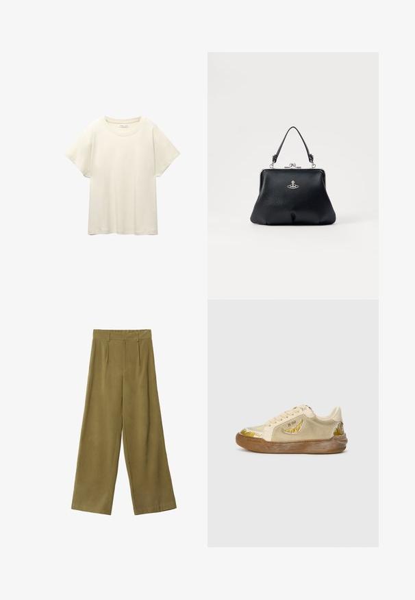 Light beige short-sleeve t-shirt with a round neckline, made of soft, smooth fabric. Features a relaxed fit and straight hemline.; Wide-leg trousers in olive green, made of soft fabric. Features a high waist, front pleats, and a smooth texture.; Beige sneakers made of suede and rubber. Features a curved white and gold pattern on the toe and side. Rounded toe and lace-up design.; Black leather handbag with a textured surface, silver hardware, clasp closure, and a short handle for carrying. Compact and structured design.
