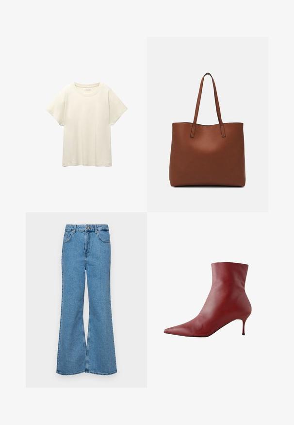 T-shirt beige clair à manches courtes avec un col rond, fabriqué en tissu doux et lisse. Présente une coupe décontractée et un ourlet droit.; Jean flare bleu clair en denim, avec une taille haute, cinq poches et une fermeture à un bouton. Texture douce avec une finition décolorée.; Botte cheville en cuir rouge avec un bout pointu, une tige ajustée et un talon fin. Texture lisse, design élégant et semelle noire à fort contraste.; Sac fourre-tout en cuir marron avec une texture lisse, design à ouverture supérieure et deux poignées pour le porter à l'épaule. Présente des coutures minimales et aucun matériel visible.