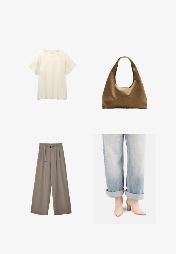 Svetle béžové tričko s krátkým rukávem a kulatým výstřihem, vyrobené z jemné, hladké tkaniny. Má uvolněný střih a rovný lem.; Kalhoty s širokými nohavicemi v měkké, tlumené šedé látce, s páskem v pase a sklady pro přidaný designový detail. Hladká textura, bez vzorů.; Béžové semišové kotníkové boty s špičatou špičkou a metalickým podpatkem, spárované se světle modrými ohrnovacími džínami.; Hnědá textilní taška přes rameno s širokým, zaobleným tvarem a velkým výřezem na rukojeť. Měkká textura, minimalistický design a žádné viditelné kovové prvky.