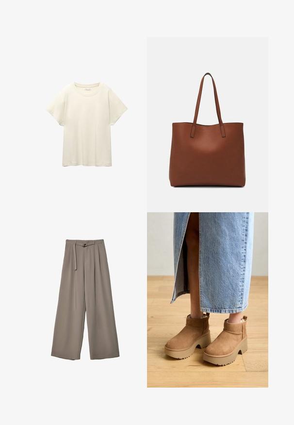 Helles beige T-Shirt mit kurzen Ärmeln und Rundhalsausschnitt, aus weichem, glattem Stoff gefertigt. Verfügt über eine lockere Passform und einen geraden Saum.; Weite Hose aus einem weichen, gedämpften grauen Stoff, mit einem taillierten Bund und Falten für zusätzliche Design-Details. Glatte Textur, keine Muster.; Braune Wildleder-Ankelstiefel mit einer dicken beigen Plateausohle. Sie verfügen über eine abgerundete Zehenpartie, einen kurzen Schaft und ein weiches Futter für zusätzlichen Komfort.; Braune Leder-Tote mit glatter Textur, offenem Oberteil und zwei Schulterriemen. Verfügt über minimale Nähte und keine sichtbaren Beschläge.