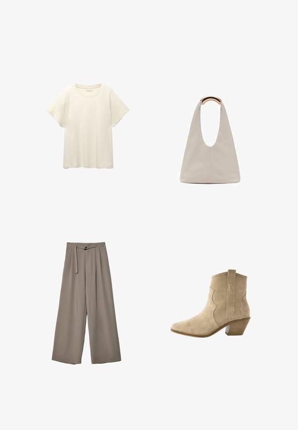 Maglietta a maniche corte beige chiaro con scollatura rotonda, realizzata in un tessuto morbido e liscio. Presenta una vestibilità comoda e un orlo dritto.; Pantaloni a gamba larga in un morbido tessuto grigio tenue, con vita con cintura e pieghe per un tocco di design aggiuntivo. Texture liscia, senza motivi.; Stivale alla caviglia in suede beige con punta affusolata e cuciture curve. Presenta un tacco impilato e un tassello sul retro per una facile vestibilità.; Borsa in pelle grigio chiaro con design a forma di U e manico metallico curvo. Texture liscia con cuciture minime e senza motivi visibili.