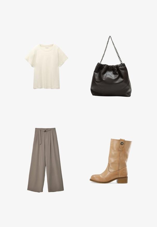 Svetle béžové tričko s krátkým rukávem a kulatým výstřihem, vyrobené z jemné, hladké tkaniny. Má uvolněný střih a rovný lem.; Kalhoty s širokými nohavicemi v měkké, tlumené šedé látce, s páskem v pase a sklady pro přidaný designový detail. Hladká textura, bez vzorů.; Hnědé kožené kotníkové boty s kulatou špičkou, nízkým podpatkem, bočním prošíváním a patentkou na holeně. Hladká textura.; Hnědá kožená taška se sbíraným vrškem a řetízkovým popruhem. Hladký povrch s lesklým finišem a jemným švem na bocích.