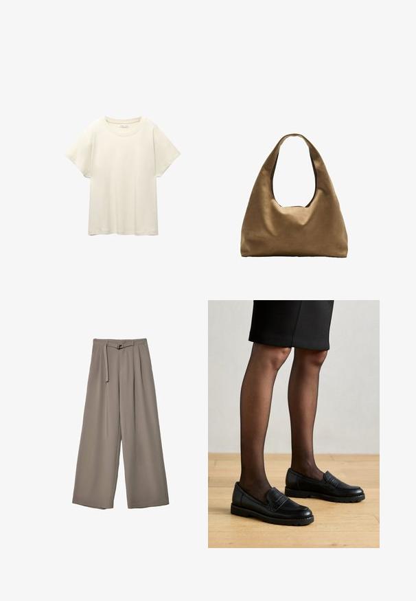 Svijetlo bež majica kratkih rukava s okruglim izrezom, izrađena od meke, glatke tkanine. Karakterizira je opušteni kroj i ravni rub.; Široke hlače u mekoj, prigušenoj sivoj tkanini, s remenom na struku i plisiranim detaljima za dodatni dizajn. Glatka tekstura, bez uzoraka.; Crne kožne mokasinke s teksturiranim panelom, gumenim potplatom i zaobljenim vrhom, nosene s prozirnim crnim čarapama i prilagođenom suknjom.; Smeđa platnena torba za rame s širokim, zaobljenim tijelom i velikim izrezanim drškom. Mekana tekstura, minimalistički dizajn i bez vidljivog hardvera.