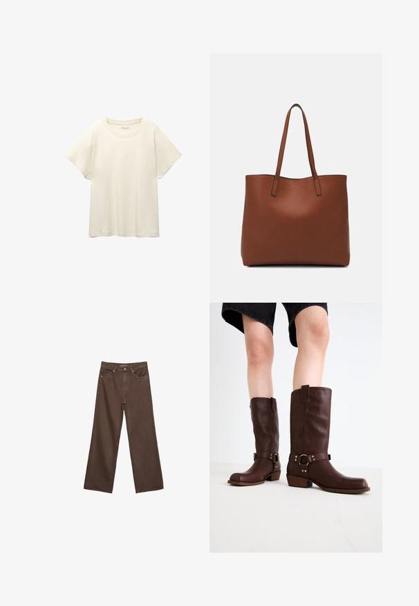 Svetlo bež kratkosleeven majica s okroglim ovratnikom, izdelana iz mehke, gladke tkanine. Ima sproščen kroj in raven rob.; Široke rjave kavbojke iz denima, ki imajo visok pas, sprednje žepe in klasično zapiranje na gumb. Gladka tekstura s subtilnim šivom.; Rjave usnjene čizme do kolen s zaobljenim nosom, teksturirano površino, trakovi okoli gležnja in srebrni detajli; zasnovane s steknjenim peto.; Rjava usnjena torba z gladko teksturo, odprto zasnovo zgoraj in dvema naramnima trakovoma. Opremljena je z minimalnim šivanjem in brez vidnih kovinskih delov.