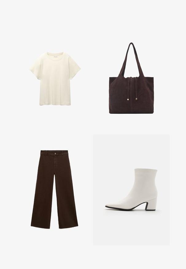 Vaaleanbeige lyhythihainen t-paita, jossa on pyöreä kaula-aukko, valmistettu pehmeästä ja sileästä kankaasta. Ominaisuuksina rento mitta ja suora helma.; Ruskeat leveät housut puuvillasekoituksesta, joissa on revitty helma, etunappikiinnitys ja perinteinen viisi-taskuinen muotoilu. Minimalistiset ja monikäyttöiset.; RAID DELPHIE - Klassiset nilkkurit - white; Mango Shopping bag - dark brown