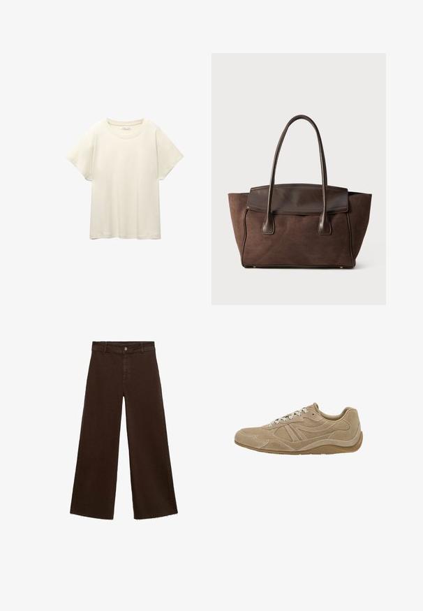 Ljus beige kortärmad t-shirt med rund halsringning, tillverkad av mjuk, slät tyg. Har en avslappnad passform och rak nederkant.; Bruna breda byxor i bomullsblandning med fransar vid fållen, framknäppning och klassisk femfickdesign. Minimalistiska och mångsidiga.; Beige mockasinsneakers med låg profil, texturerad yta och vita snören. Har en böjd design och en gummisula för bra grepp.; Brun mockaklädsel tote-väska med en strukturerad design, släta läderdetaljer, förlängda handtag och subtil kontrastsöm.