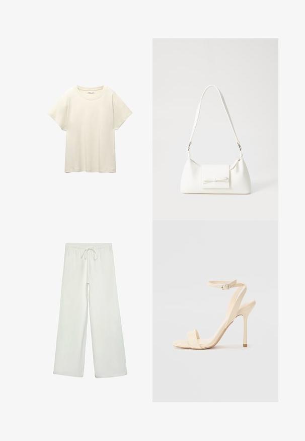 Svetlo bež kratkosleeven majica s okroglim ovratnikom, izdelana iz mehke, gladke tkanine. Ima sproščen kroj in raven rob.; Bele široke hlače iz mehkega blaga. Imajo elastičen pas s vrvico in gladko teksturo. Brez vidnih vzorcev ali kovinskih delov.; Bež sandala na visoki peti s tankim naramnicama okoli gležnja in kvadratnim nosom. Gladek sintetični material, minimalistična zasnova in stiletto peto.; Bela sintetična torbica v obliki trikotnika, z ravnim sprednjim poklopcem in detajlom mašne, nastavljivim trakom, gladko teksturo in minimalističnim dizajnom.