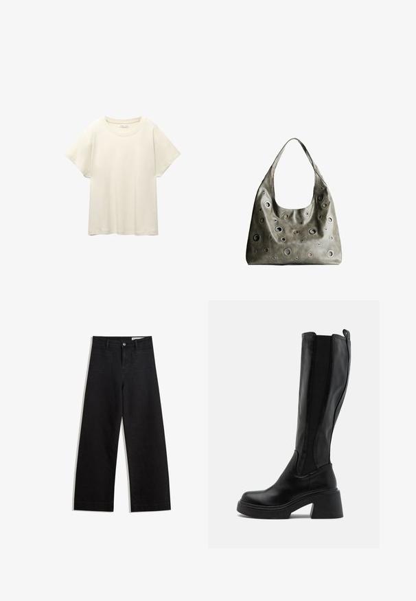 Svijetlo bež majica kratkih rukava s okruglim izrezom, izrađena od meke, glatke tkanine. Karakterizira je opušteni kroj i ravni rub.; Crne široke traperice s visokim strukom, s prednjim i stražnjim džepovima, šivenim šavovima i kopčanjem na gumb. Glatka tekstura.; Čizmice do koljena u crnoj boji s glatkom kožnom površinom, elastičnim bočnim panelima i masivnom, slojevitom potpeticom. Minimalistički dizajn bez uzoraka.; Maslinasto zeleni kožni ručni kovčeg s opuštenim dizajnom, s raznim kružnim izrezima različitih veličina i naglascima u tamnijim i svjetlijim nijansama.