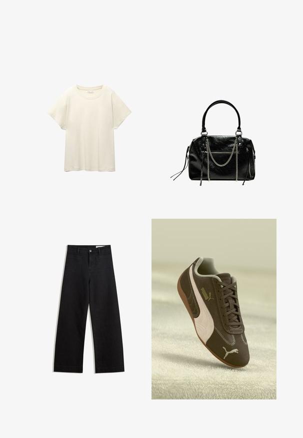 Maglietta a maniche corte beige chiaro con scollatura rotonda, realizzata in un tessuto morbido e liscio. Presenta una vestibilità comoda e un orlo dritto.; Pantaloni in denim neri a gamba larga con vita alta, dotati di tasche anteriori e posteriori, cuciture a punto, e chiusura con bottone. Texture liscia.; Sneaker Puma marrone con striscia e logo beige, allacciato, poggiato su una superficie beige testurizzata.; Bershka WITH CHAIN - Borsa a mano - black