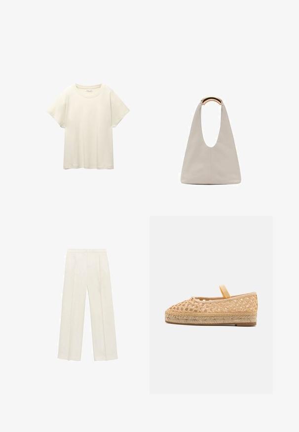 Vaaleanbeige lyhythihainen t-paita, jossa on pyöreä kaula-aukko, valmistettu pehmeästä ja sileästä kankaasta. Ominaisuuksina rento mitta ja suora helma.; Valkoiset leveälahkeiset housut vaaleassa kermassa. Valmistettu sileästä kankaasta, jossa on laskokset edessä ja sivutaskut.; Loeffler Randall KAYLA - Espadrillot - natural; Vaalea harmaa nahkalaukku, jossa on U-muotoinen muotoilu ja kaareva metallikahva. Suora pinta, jossa on minimaalinen ompelu ja ei näkyviä kuvioita.