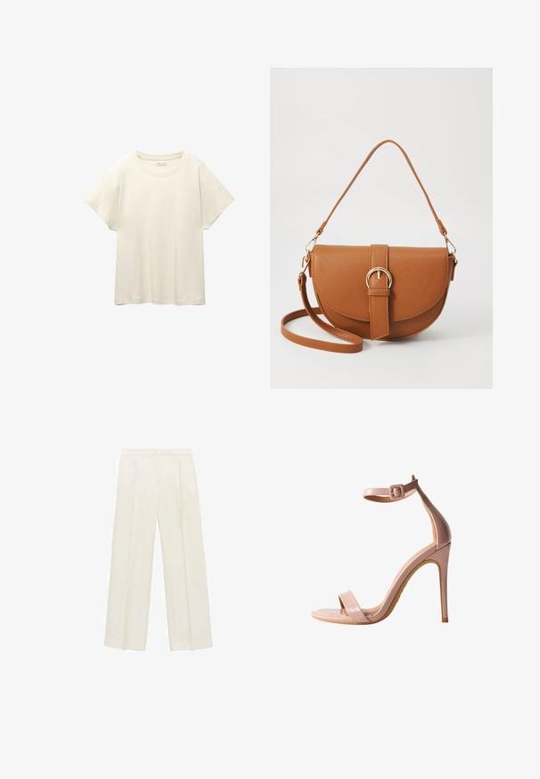 Lichtbeige t-shirt met korte mouwen en een ronde halslijn, gemaakt van zachte, gladde stof. Heeft een ontspannen pasvorm en een rechte zoom.; Wijdgevallen broeken in een lichtcrème kleur. Gemaakt van een zachte stof met plooien aan de voorkant en zijzakken.; Nude patenten leren hoge hak sandaal met enkelbandje, open teen en slanke stiletto hak. Gladde textuur en een minimalistisch ontwerp.; Bruine leren schoudertas met een gebogen vorm, gouden hardware en een gespaccent. Bevat een afneembare schouderriem.