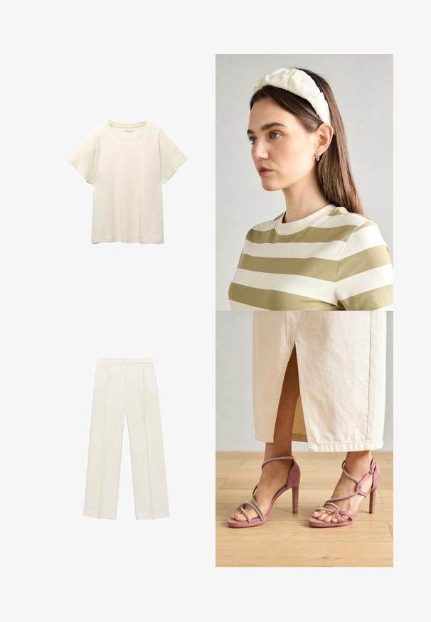 Svetlo béžové tričko s krátkym rukávom a okrúhlym výstrihom, vyrobené z jemnej, hladkej tkaniny. Má voľný strih a rovný lem.; Široké nohavice vo svetlej krémovej farbe. Vyrobené z hladkej látky s skladmi vpredu a bočnými vreckami.; Ružové semišové sandále na vysokom podpätku s krížovo prepletenými popruhom a striebornými ozdobami, s otvorenou špičkou a textúrovaným povrchom.; Krémová čelenka s vypchatím a vzorom vrkoča, skombinovaná s béžovo-bielym pruhovaným tričkom s okrúhlym výstrihom. Nápadné doplnky z jemného šperku.